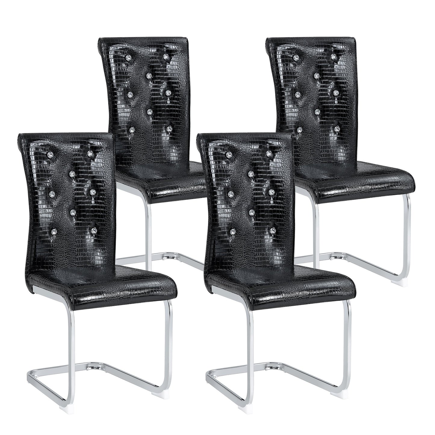 Set of 2 Retro Alligator Skin Upholstered Dining Chairs with Crystal Buckle Design in Black, Faux Leather and Electroplated Metal Legs - 1st Choice Furniture Direct
