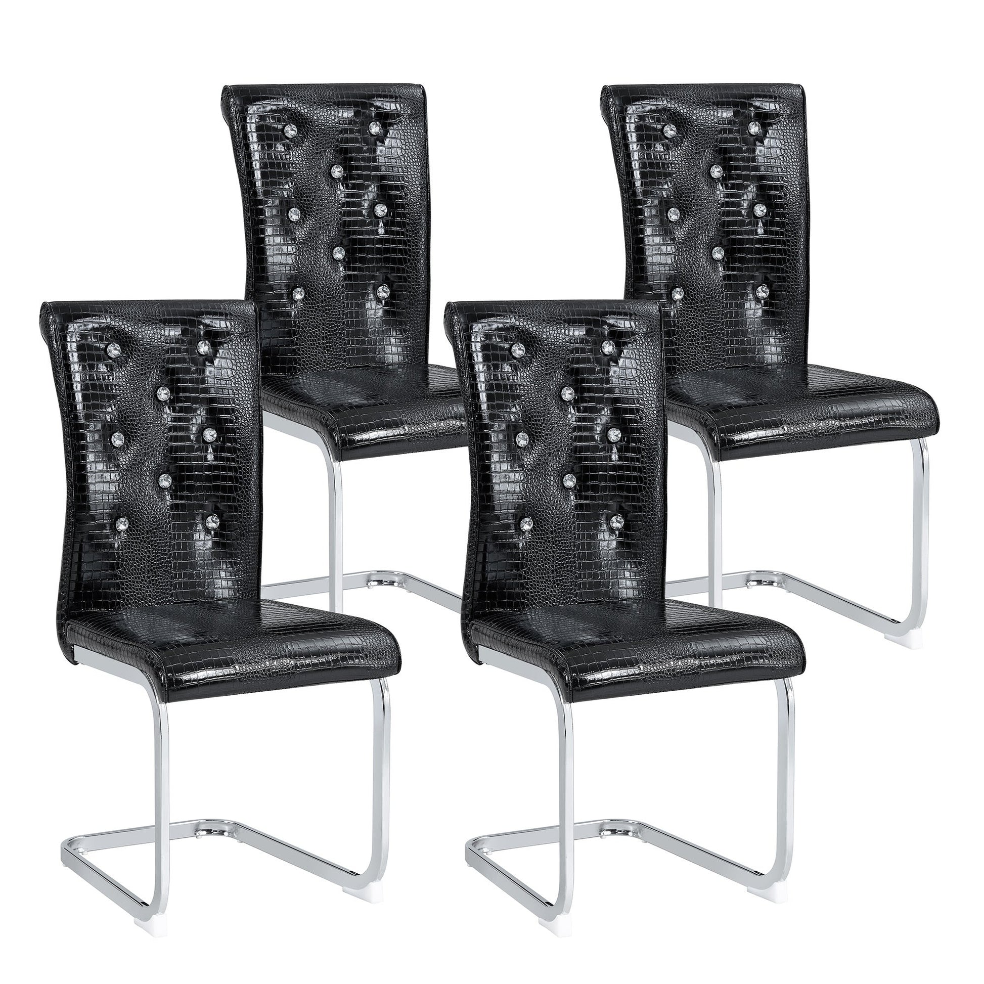 Set of 2 Retro Alligator Skin Upholstered Dining Chairs with Crystal Buckle Design in Black, Faux Leather and Electroplated Metal Legs - 1st Choice Furniture Direct