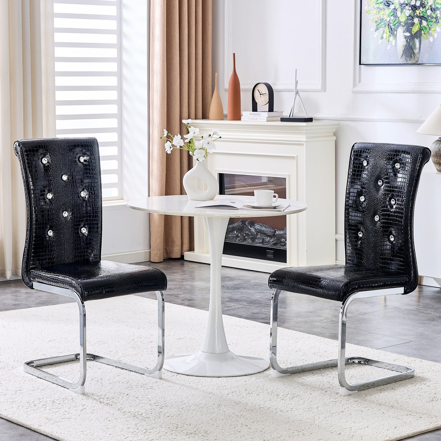 Set of 2 Retro Alligator Skin Upholstered Dining Chairs with Crystal Buckle Design in Black, Faux Leather and Electroplated Metal Legs - 1st Choice Furniture Direct