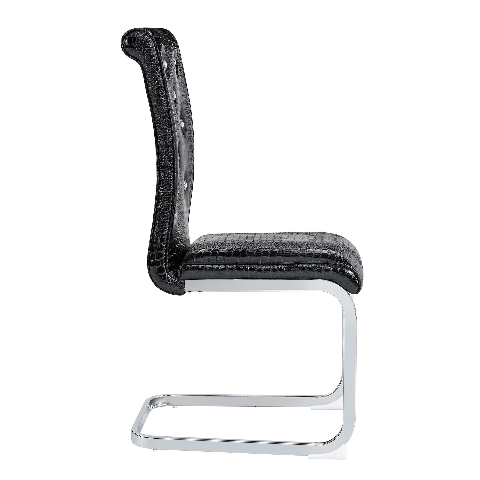 Set of 2 Retro Alligator Skin Upholstered Dining Chairs with Crystal Buckle Design in Black, Faux Leather and Electroplated Metal Legs - 1st Choice Furniture Direct