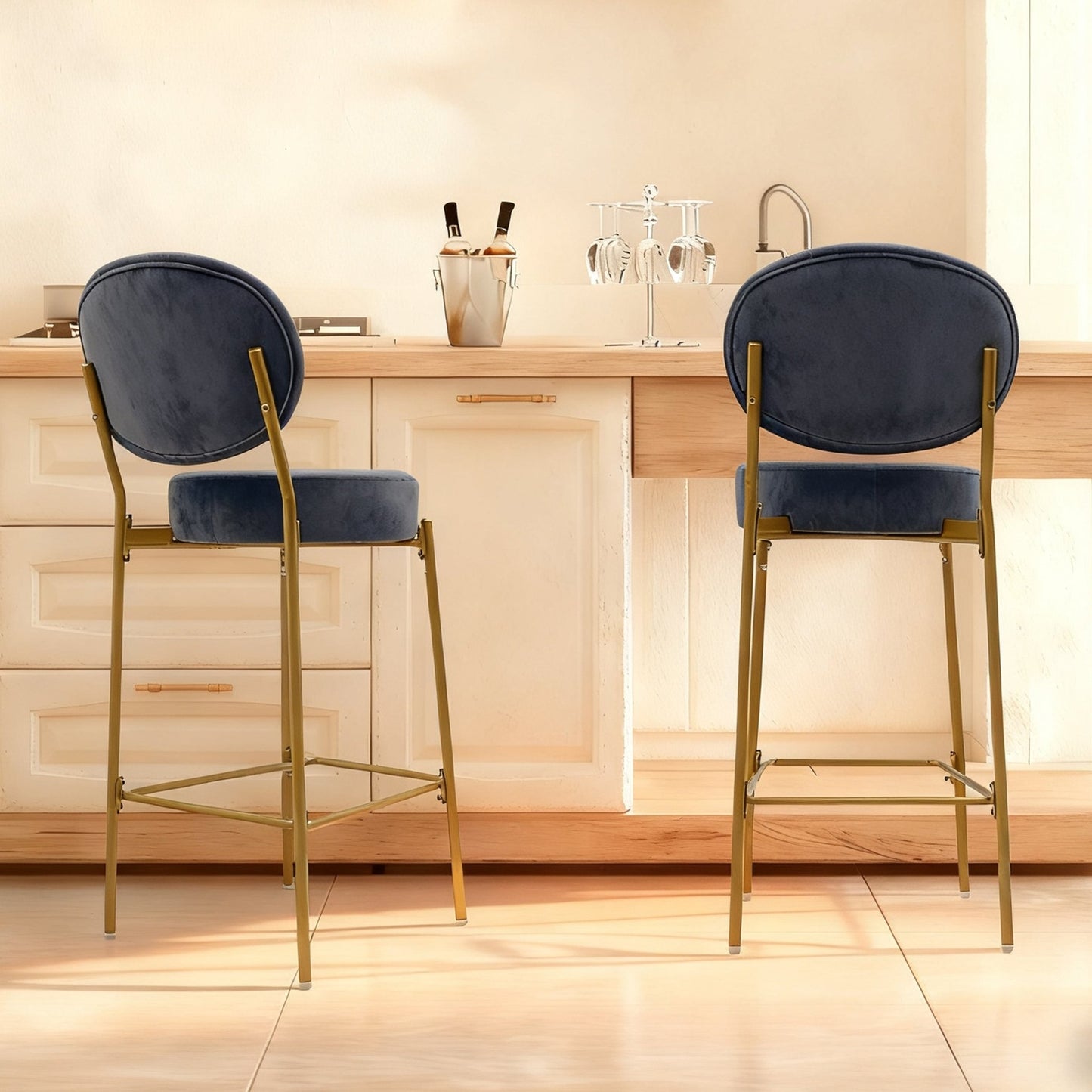 Set of 2 Velvet Upholstered Bar Stools Round Counter Stool with Backrest & Footrest Dining Chairs for Kitchen Island (Gray) - 1st Choice Furniture Direct