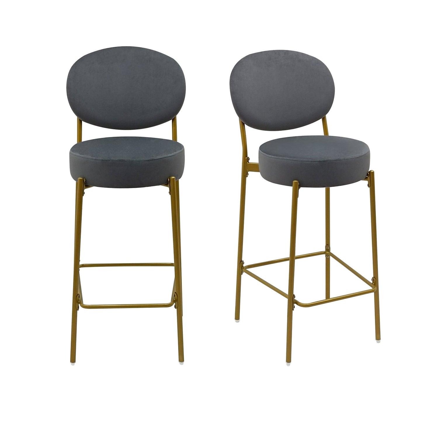 Set of 2 Velvet Upholstered Bar Stools Round Counter Stool with Backrest & Footrest Dining Chairs for Kitchen Island (Gray) - 1st Choice Furniture Direct