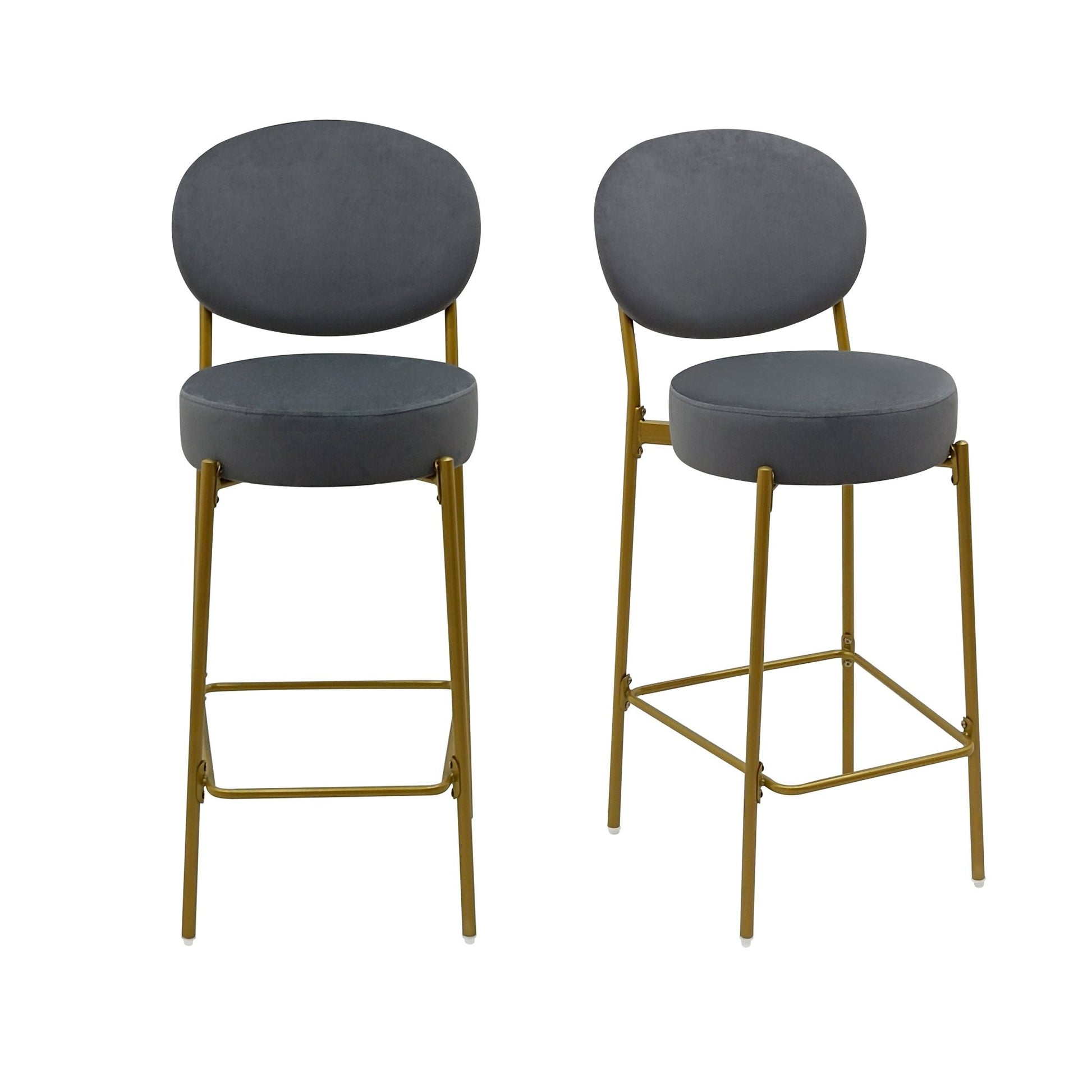 Set of 2 Velvet Upholstered Bar Stools Round Counter Stool with Backrest & Footrest Dining Chairs for Kitchen Island (Gray) - 1st Choice Furniture Direct