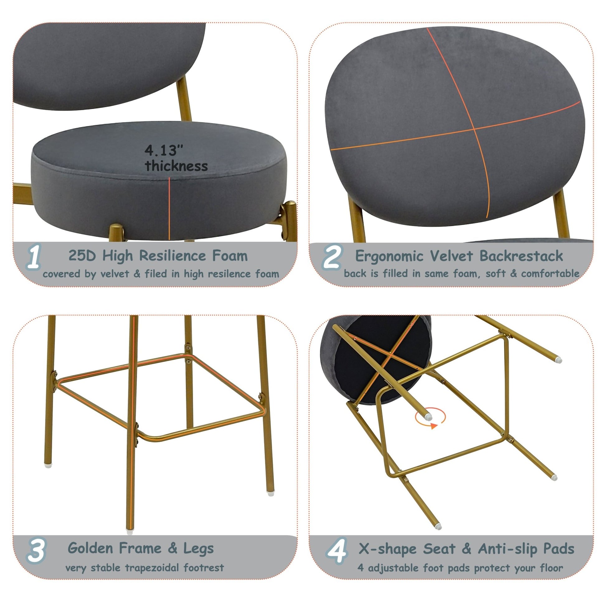 Set of 2 Velvet Upholstered Bar Stools Round Counter Stool with Backrest & Footrest Dining Chairs for Kitchen Island (Gray) - 1st Choice Furniture Direct
