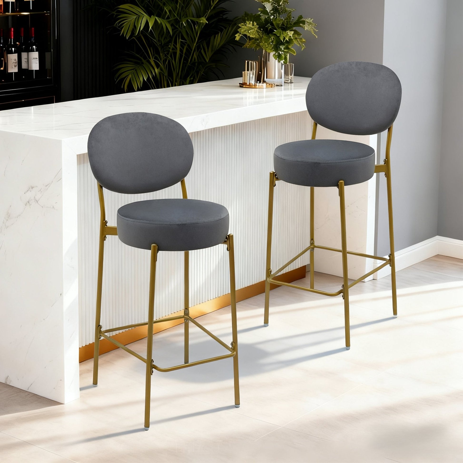Set of 2 Velvet Upholstered Bar Stools Round Counter Stool with Backrest & Footrest Dining Chairs for Kitchen Island (Gray) - 1st Choice Furniture Direct