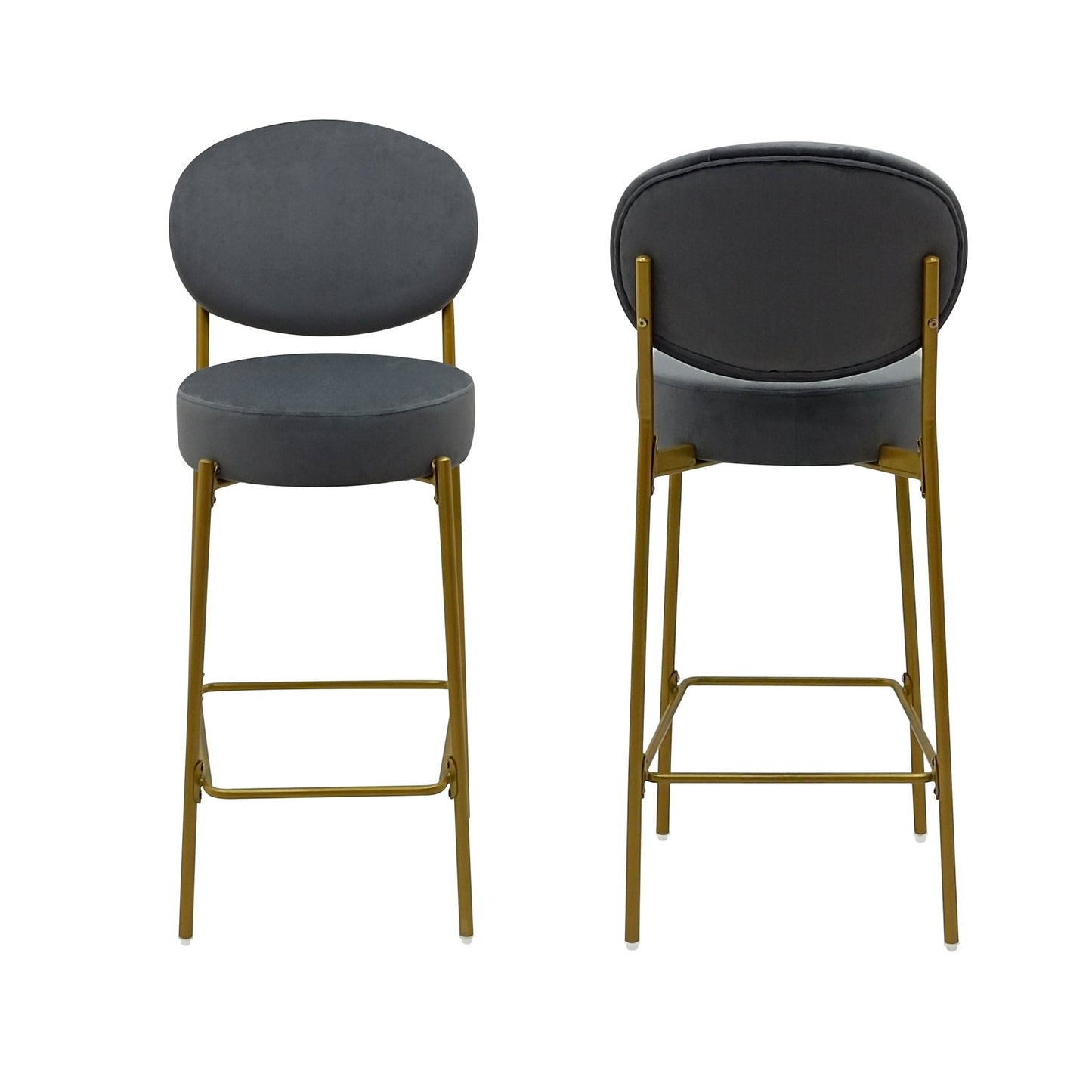 Set of 2 Velvet Upholstered Bar Stools Round Counter Stool with Backrest & Footrest Dining Chairs for Kitchen Island (Gray) - 1st Choice Furniture Direct