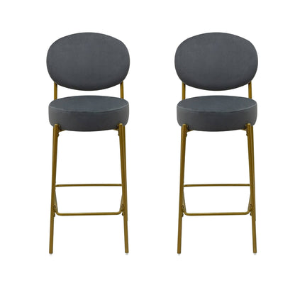 Set of 2 Velvet Upholstered Bar Stools Round Counter Stool with Backrest & Footrest Dining Chairs for Kitchen Island (Gray) - 1st Choice Furniture Direct