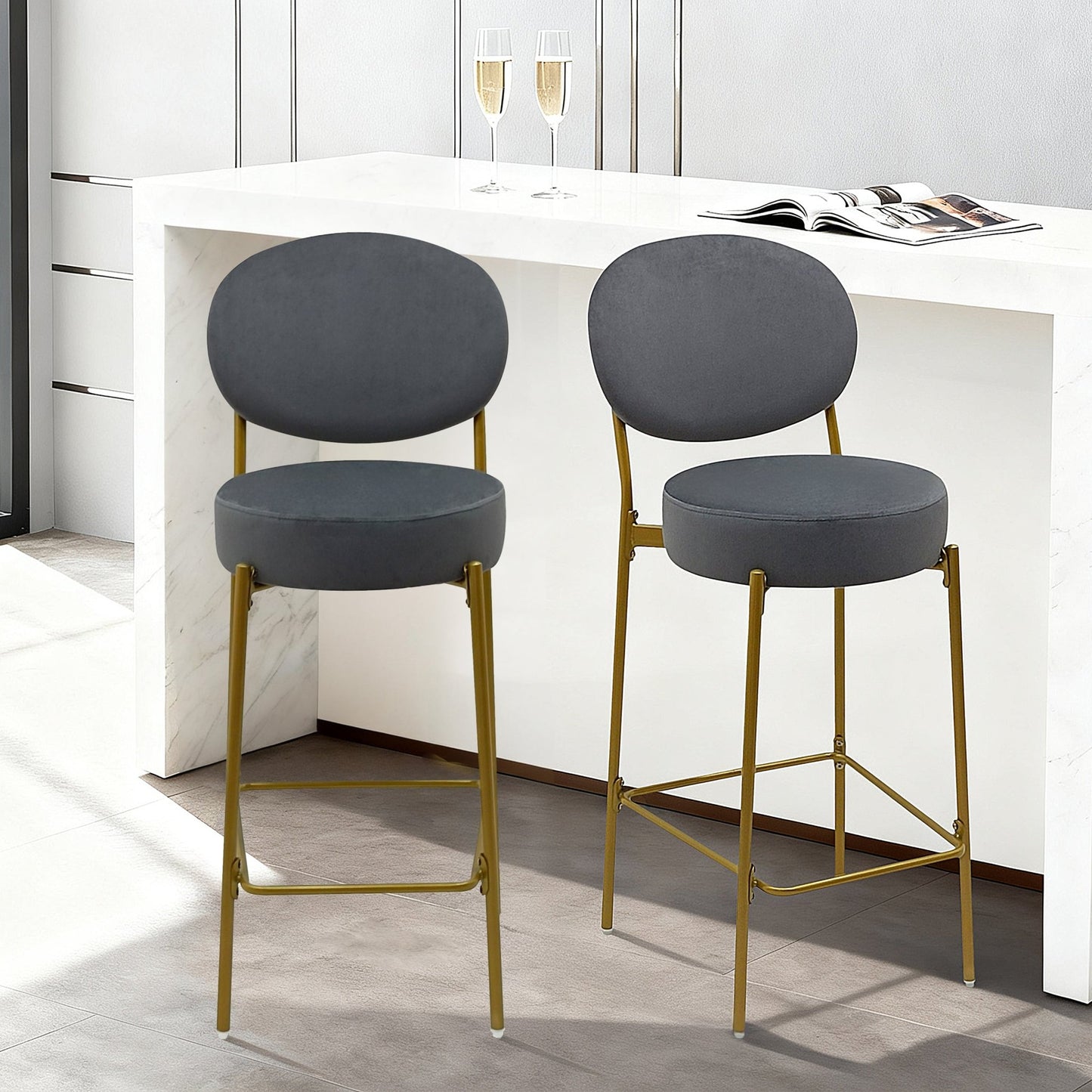 Set of 2 Velvet Upholstered Bar Stools Round Counter Stool with Backrest & Footrest Dining Chairs for Kitchen Island (Gray) - 1st Choice Furniture Direct
