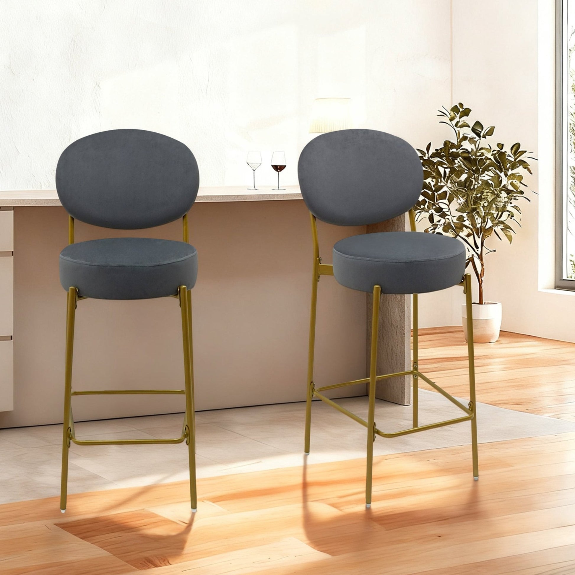 Set of 2 Velvet Upholstered Bar Stools Round Counter Stool with Backrest & Footrest Dining Chairs for Kitchen Island (Gray) - 1st Choice Furniture Direct