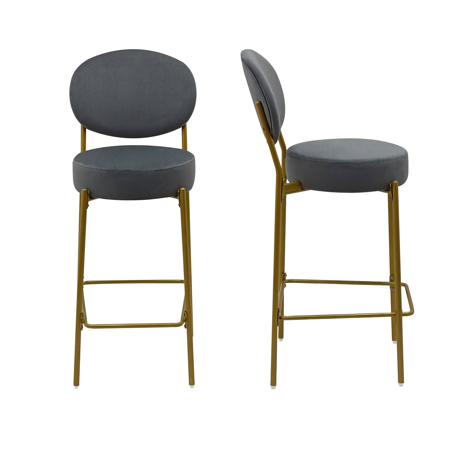 Set of 2 Velvet Upholstered Bar Stools Round Counter Stool with Backrest & Footrest Dining Chairs for Kitchen Island (Gray) - 1st Choice Furniture Direct