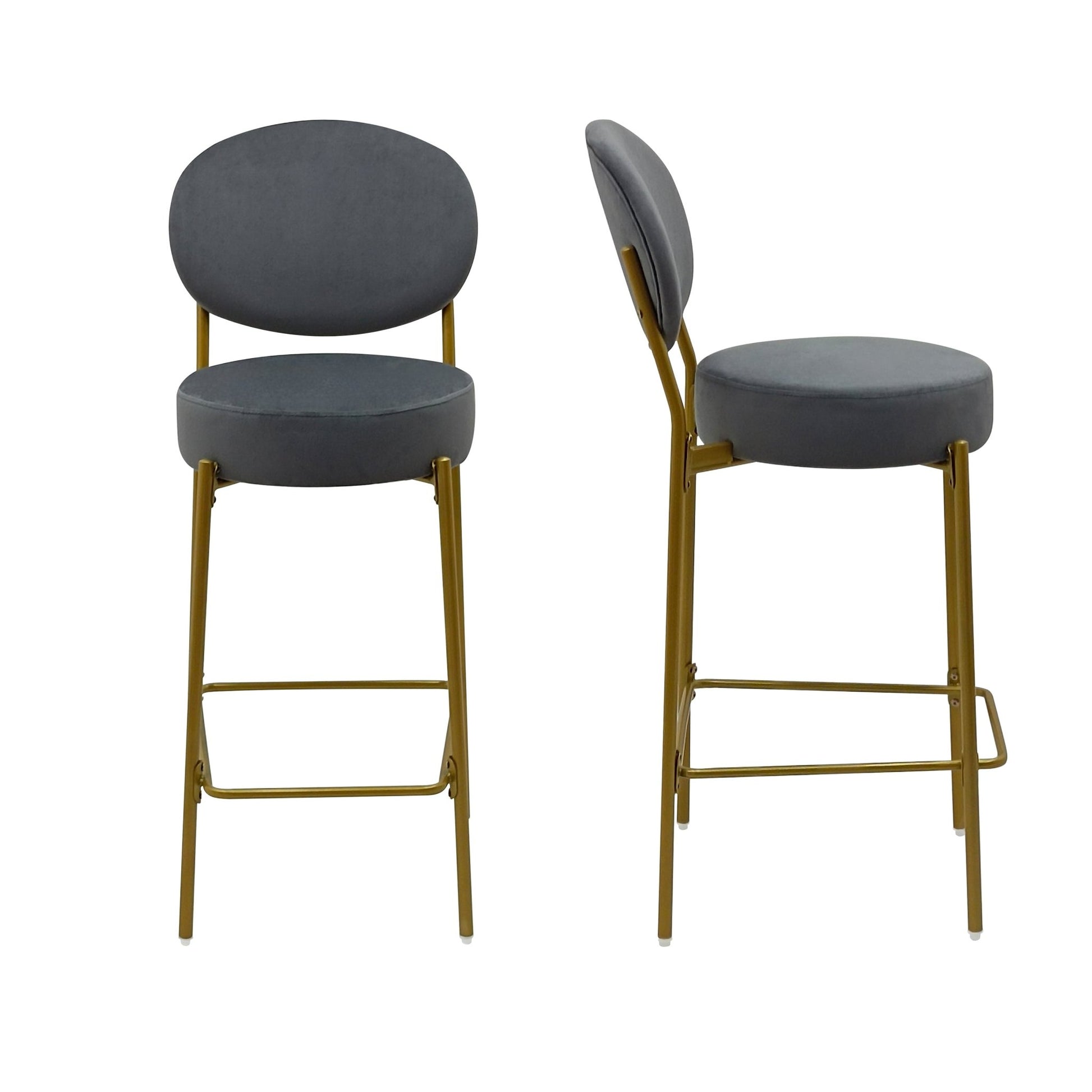 Set of 2 Velvet Upholstered Bar Stools Round Counter Stool with Backrest & Footrest Dining Chairs for Kitchen Island (Gray) - 1st Choice Furniture Direct