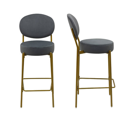 Set of 2 Velvet Upholstered Bar Stools Round Counter Stool with Backrest & Footrest Dining Chairs for Kitchen Island (Gray) - 1st Choice Furniture Direct
