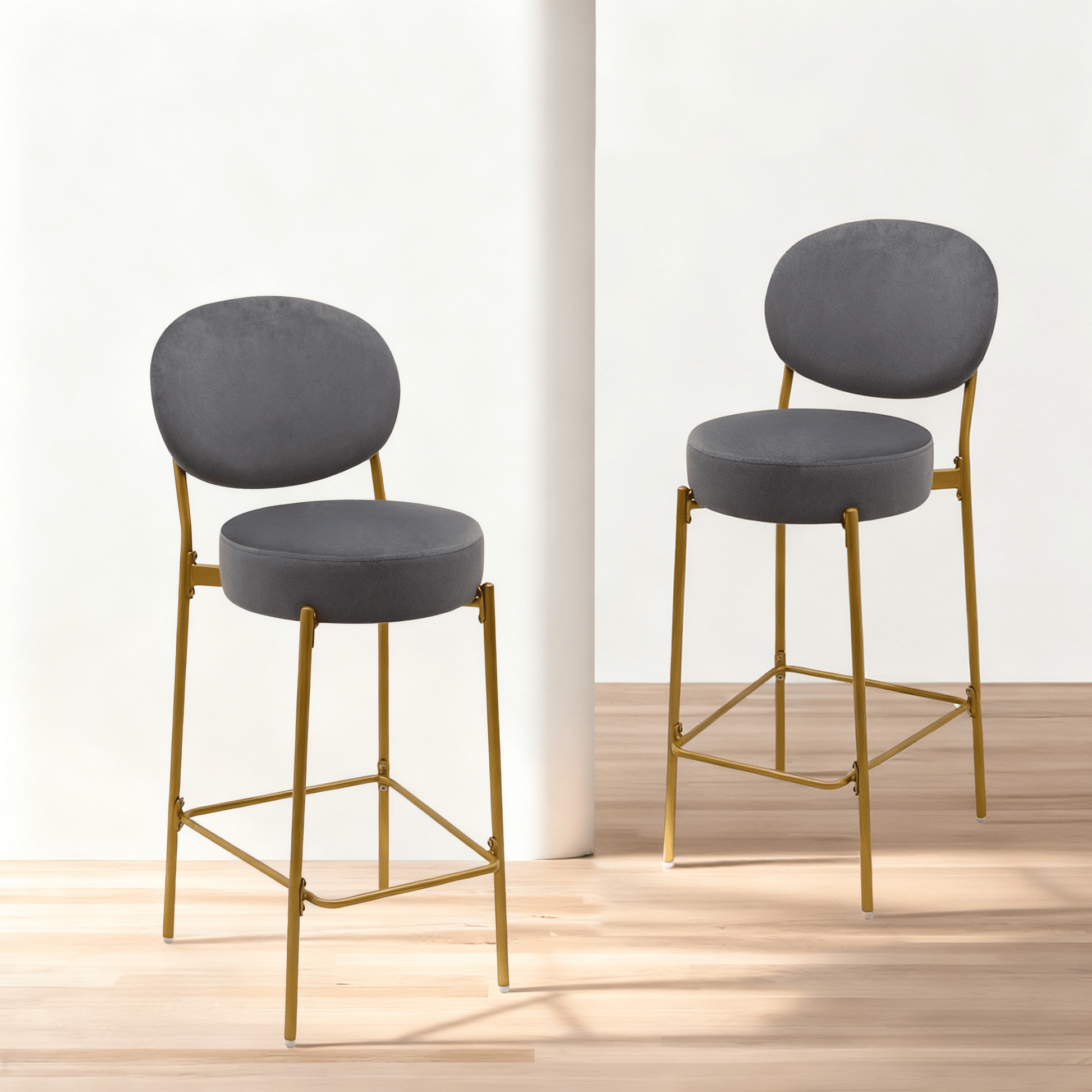 Set of 2 Velvet Upholstered Bar Stools Round Counter Stool with Backrest & Footrest Dining Chairs for Kitchen Island (Gray) - 1st Choice Furniture Direct