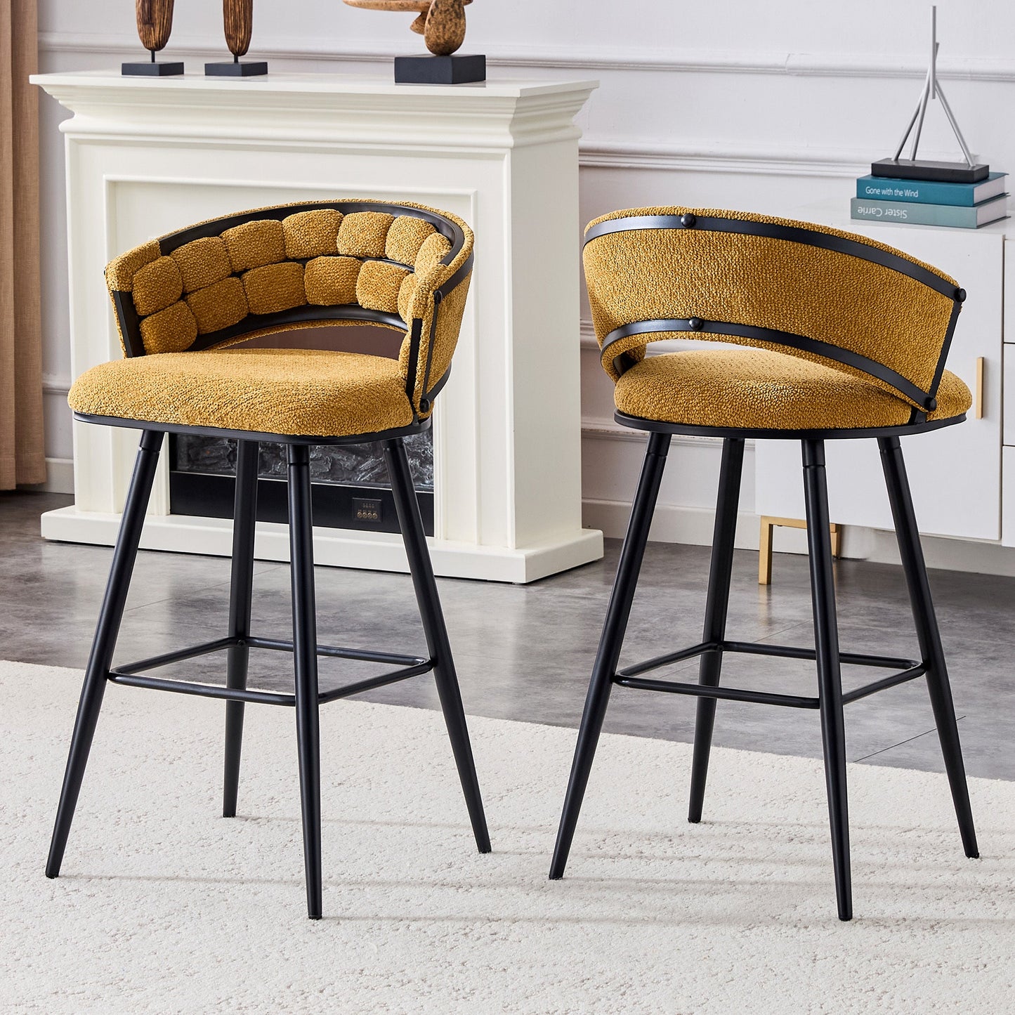 Set of 2 Yellow Velvet Bar Stools with Black Iron Legs, Modern Counter Height Stools for Home Bar - 1st Choice Furniture Direct