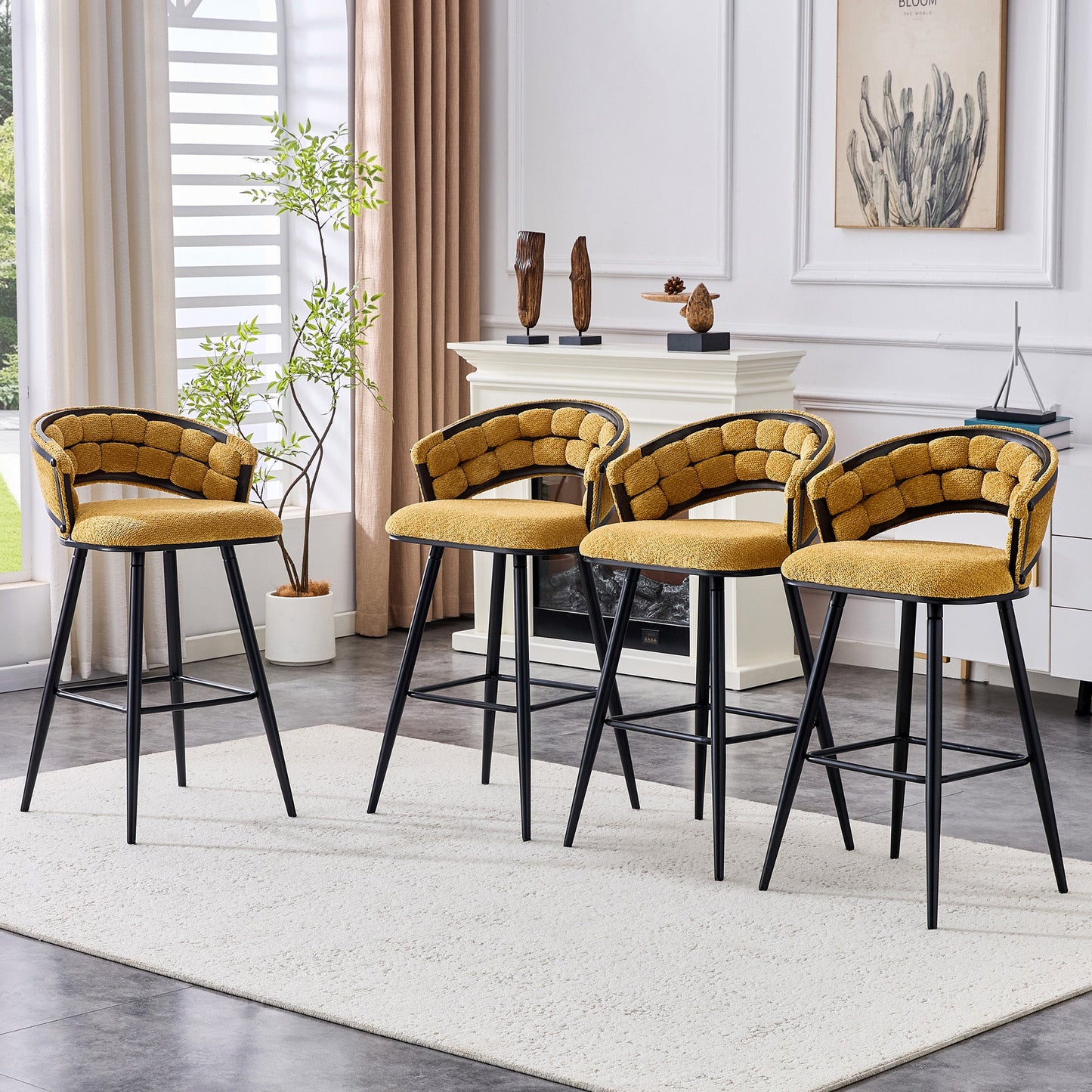 Set of 2 Yellow Velvet Bar Stools with Black Iron Legs, Modern Counter Height Stools for Home Bar - 1st Choice Furniture Direct