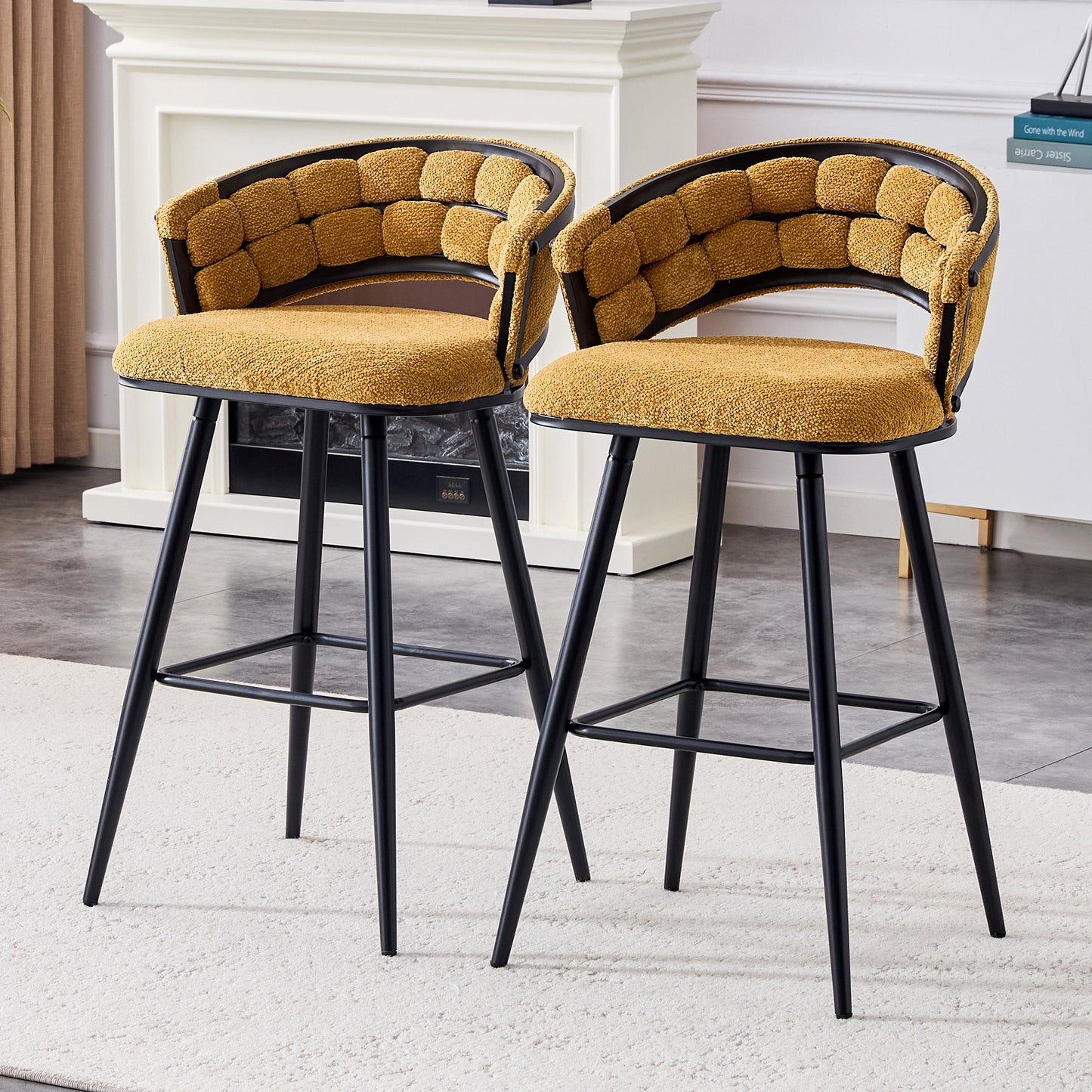 Set of 2 Yellow Velvet Bar Stools with Black Iron Legs, Modern Counter Height Stools for Home Bar - 1st Choice Furniture Direct