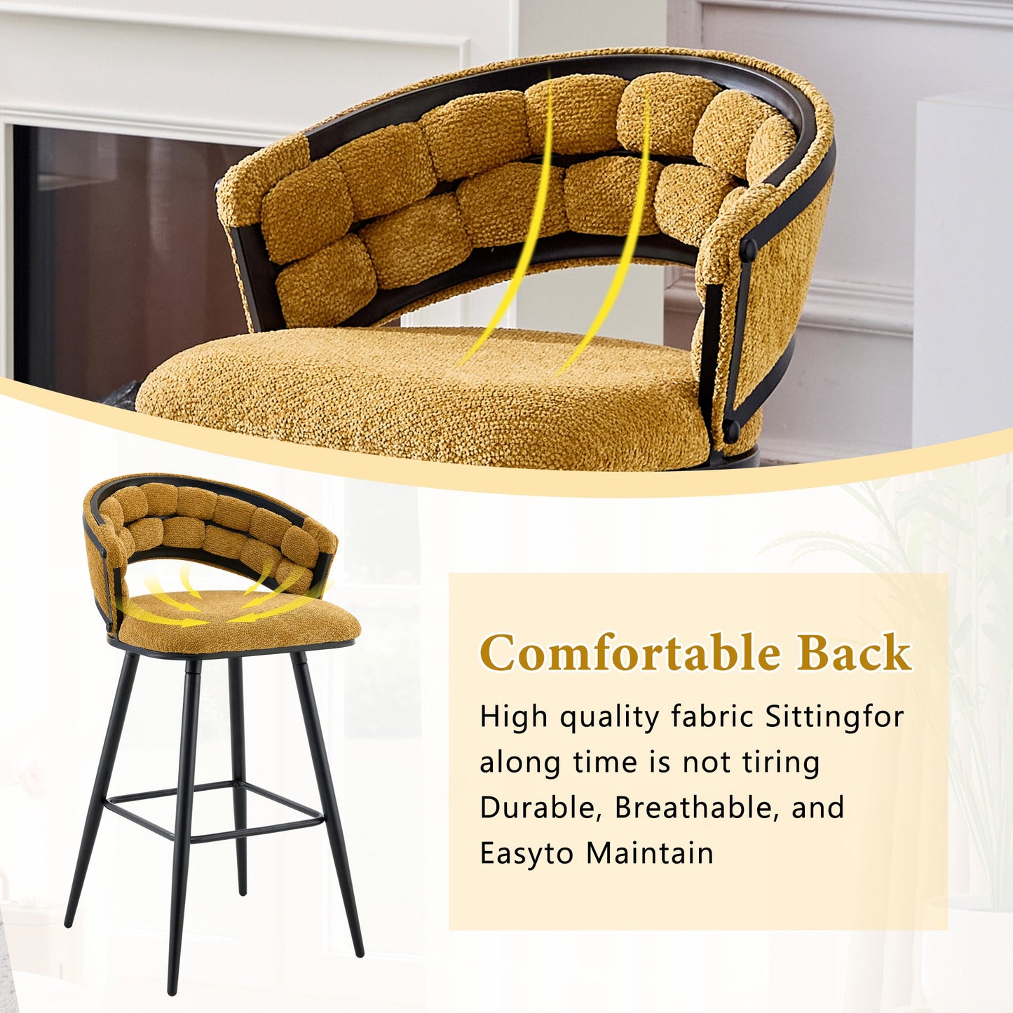 Set of 2 Yellow Velvet Bar Stools with Black Iron Legs, Modern Counter Height Stools for Home Bar - 1st Choice Furniture Direct