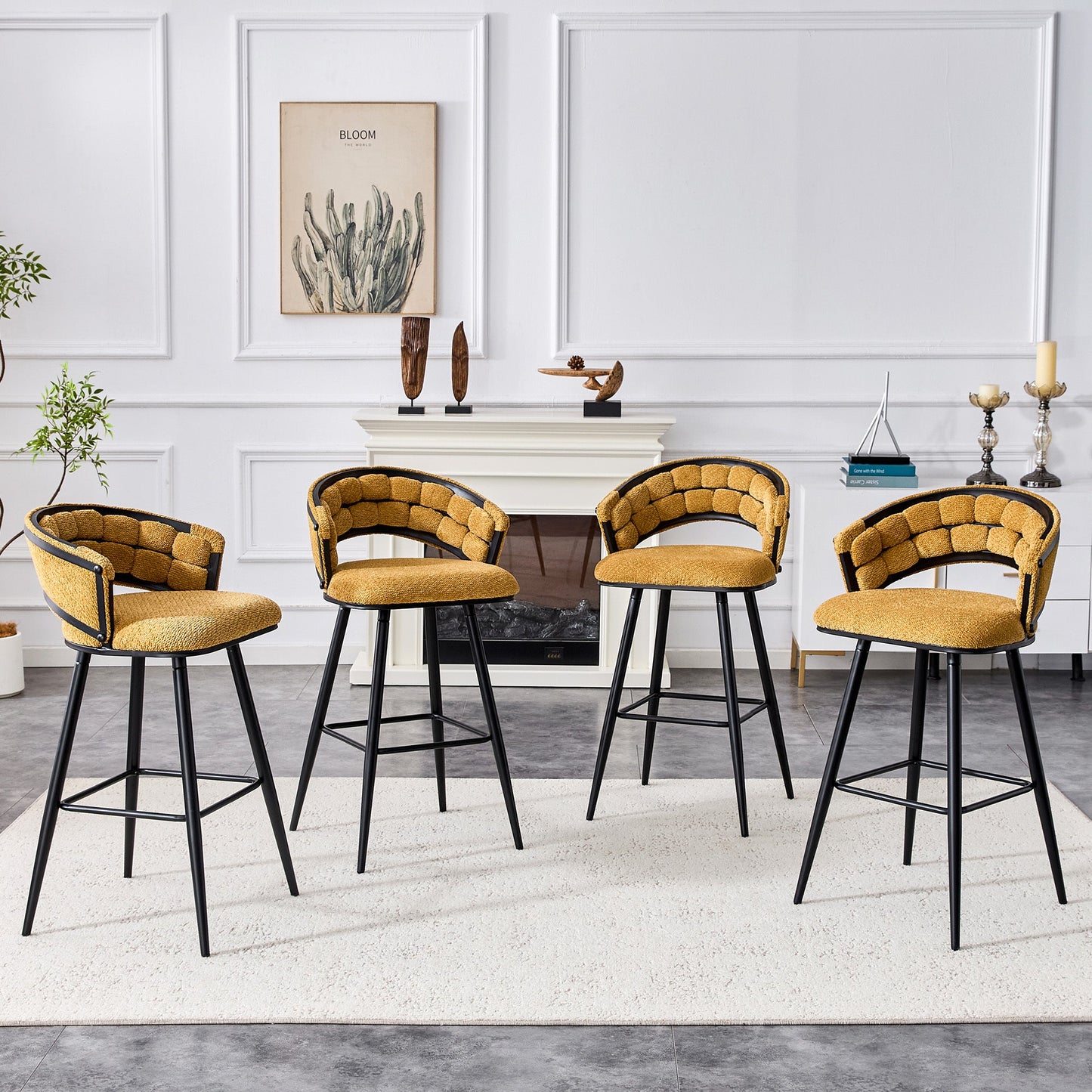 Set of 2 Yellow Velvet Bar Stools with Black Iron Legs, Modern Counter Height Stools for Home Bar - 1st Choice Furniture Direct
