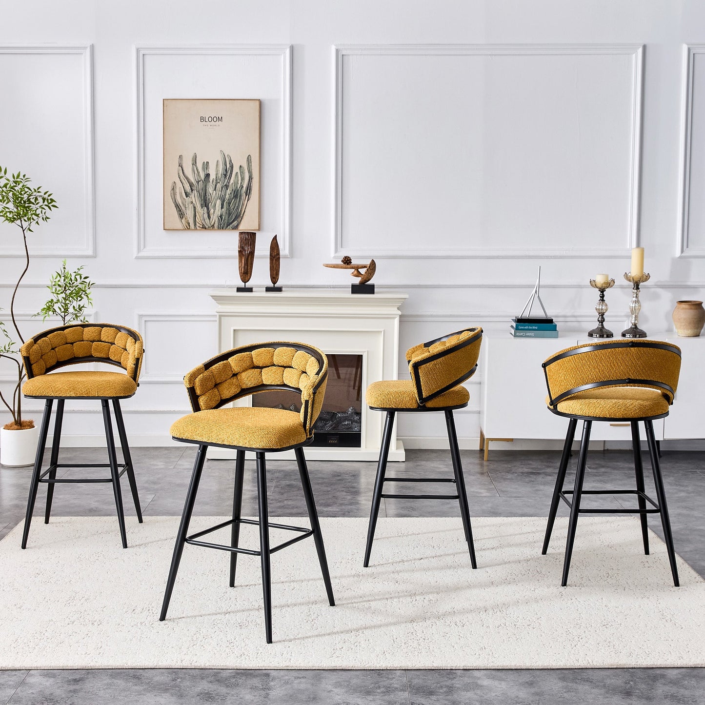 Set of 2 Yellow Velvet Bar Stools with Black Iron Legs, Modern Counter Height Stools for Home Bar - 1st Choice Furniture Direct