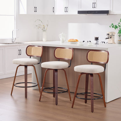 Set of 3, 26 - Inch Counter Height Bar Stools - Walnut Black, Cane Rattan Back, Beige Linen Upholstered Seat, Swivel Design for Kitchen Island/Bar/Counter,SW3766BG - 1st Choice Furniture Direct