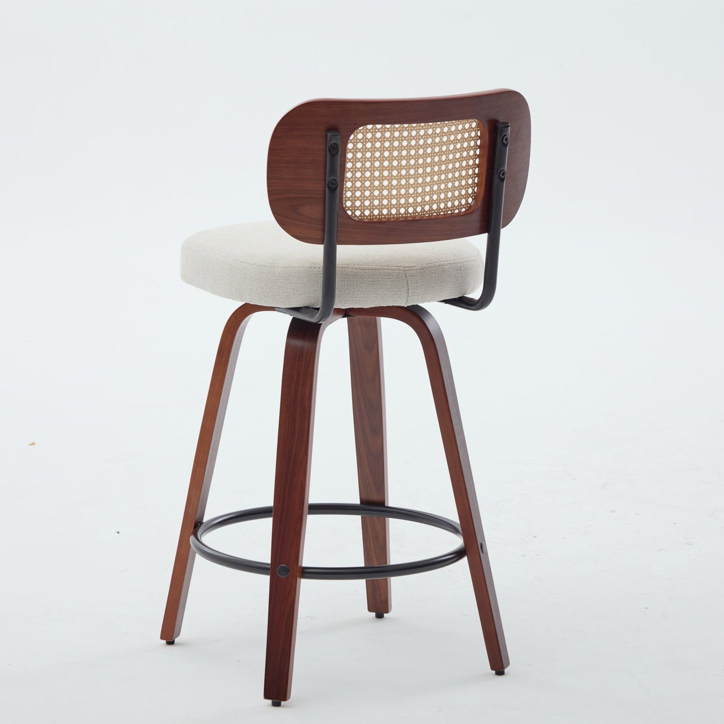 Set of 3, 26 - Inch Counter Height Bar Stools - Walnut Black, Cane Rattan Back, Beige Linen Upholstered Seat, Swivel Design for Kitchen Island/Bar/Counter,SW3766BG - 1st Choice Furniture Direct