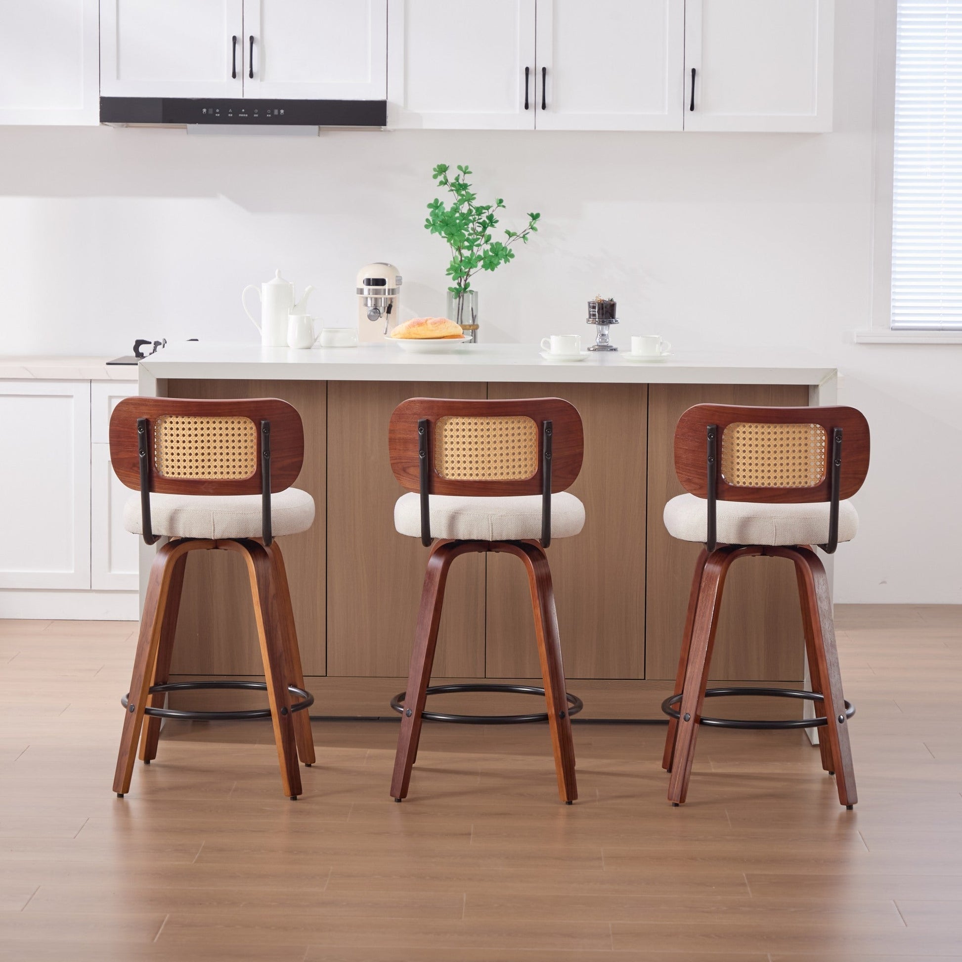 Set of 3, 26 - Inch Counter Height Bar Stools - Walnut Black, Cane Rattan Back, Beige Linen Upholstered Seat, Swivel Design for Kitchen Island/Bar/Counter,SW3766BG - 1st Choice Furniture Direct