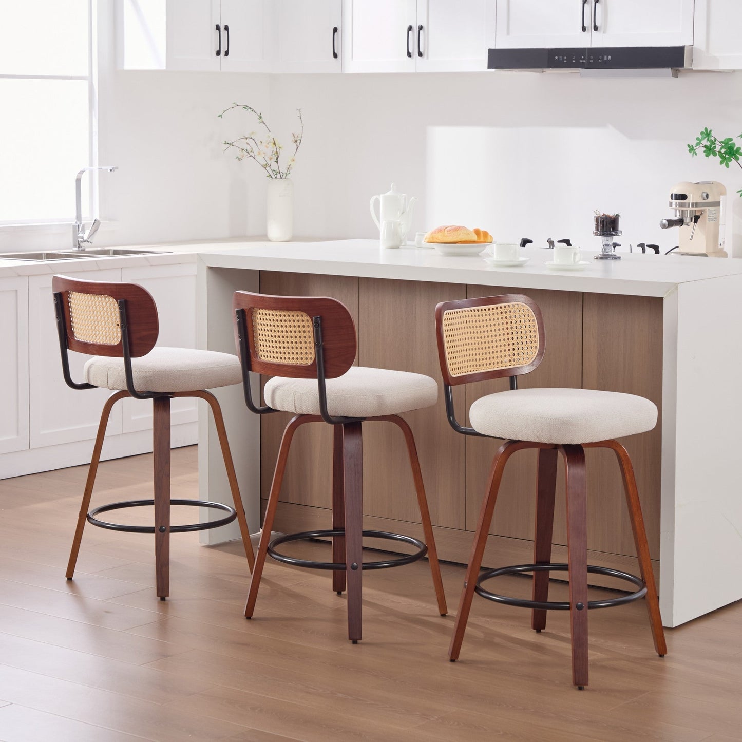 Set of 3, 26 - Inch Counter Height Bar Stools - Walnut Black, Cane Rattan Back, Beige Linen Upholstered Seat, Swivel Design for Kitchen Island/Bar/Counter,SW3766BG - 1st Choice Furniture Direct