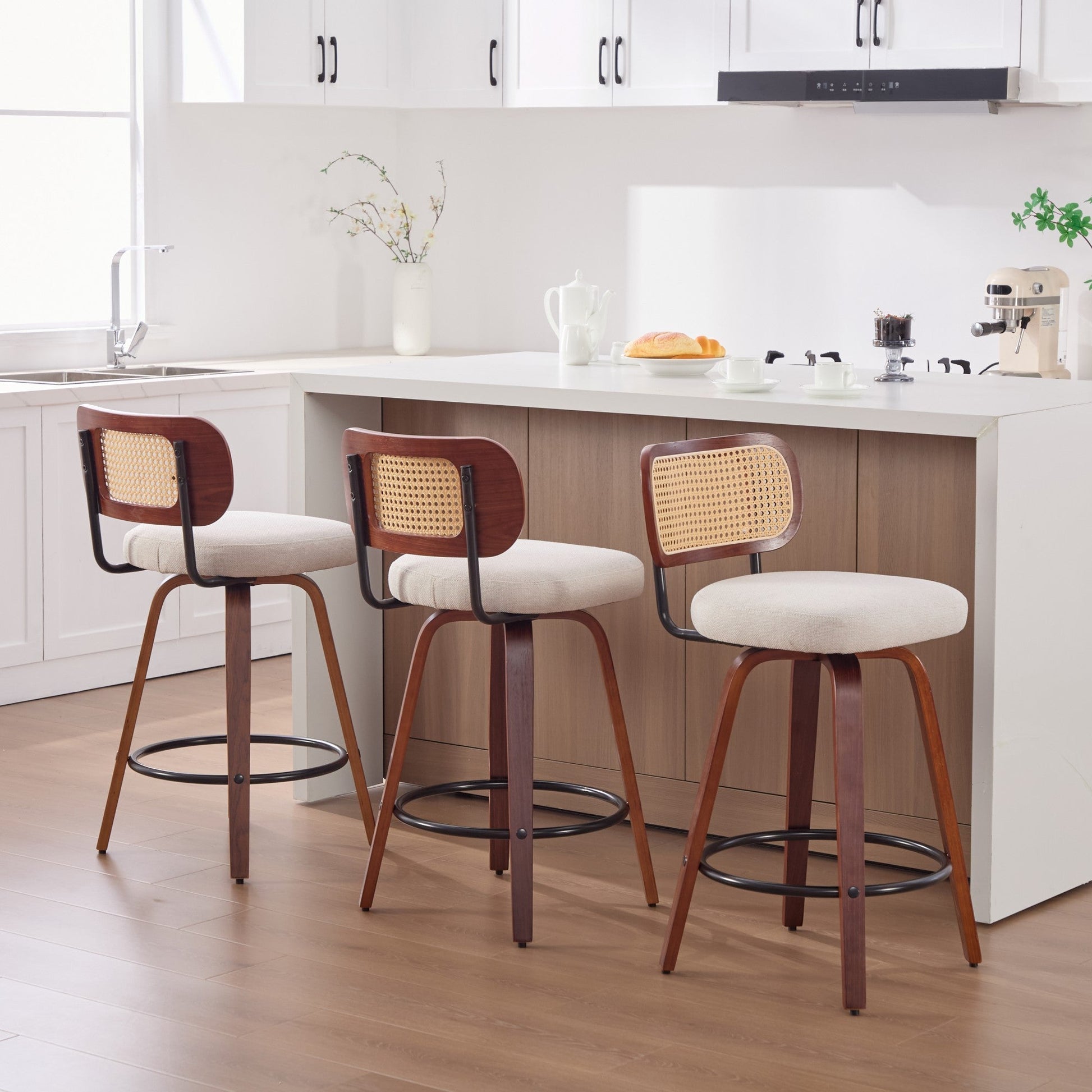 Set of 3, 26 - Inch Counter Height Bar Stools - Walnut Black, Cane Rattan Back, Beige Linen Upholstered Seat, Swivel Design for Kitchen Island/Bar/Counter,SW3766BG - 1st Choice Furniture Direct