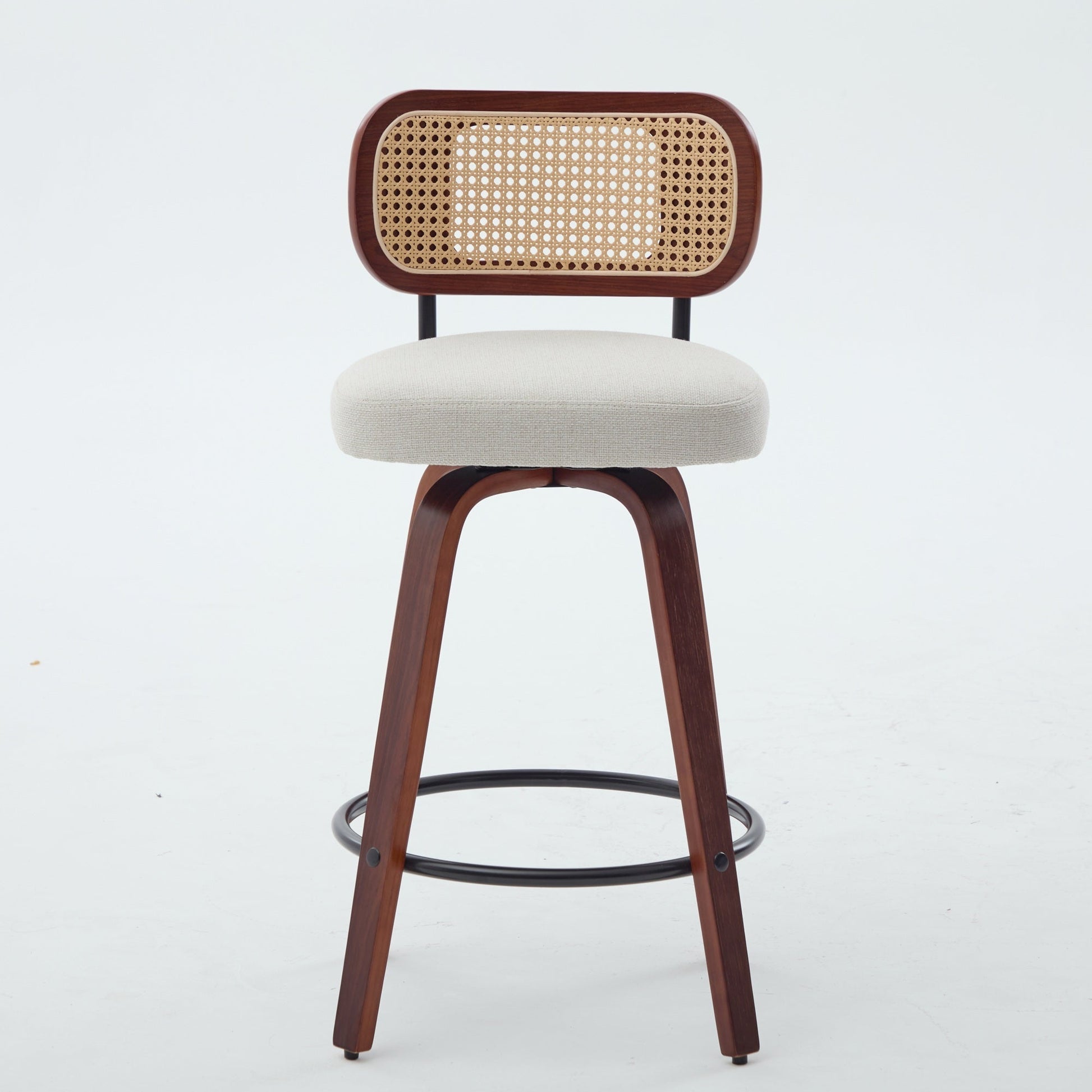 Set of 3, 26 - Inch Counter Height Bar Stools - Walnut Black, Cane Rattan Back, Beige Linen Upholstered Seat, Swivel Design for Kitchen Island/Bar/Counter,SW3766BG - 1st Choice Furniture Direct