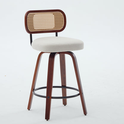 Set of 3, 26 - Inch Counter Height Bar Stools - Walnut Black, Cane Rattan Back, Beige Linen Upholstered Seat, Swivel Design for Kitchen Island/Bar/Counter,SW3766BG - 1st Choice Furniture Direct
