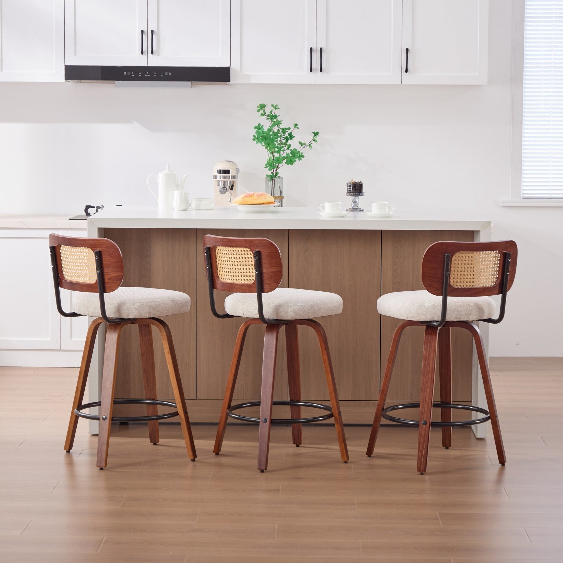 Set of 3, 26 - Inch Counter Height Bar Stools - Walnut Black, Cane Rattan Back, Beige Linen Upholstered Seat, Swivel Design for Kitchen Island/Bar/Counter,SW3766BG - 1st Choice Furniture Direct