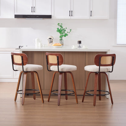 Set of 3, 26 - Inch Counter Height Bar Stools - Walnut Black, Cane Rattan Back, Beige Linen Upholstered Seat, Swivel Design for Kitchen Island/Bar/Counter,SW3766BG - 1st Choice Furniture Direct