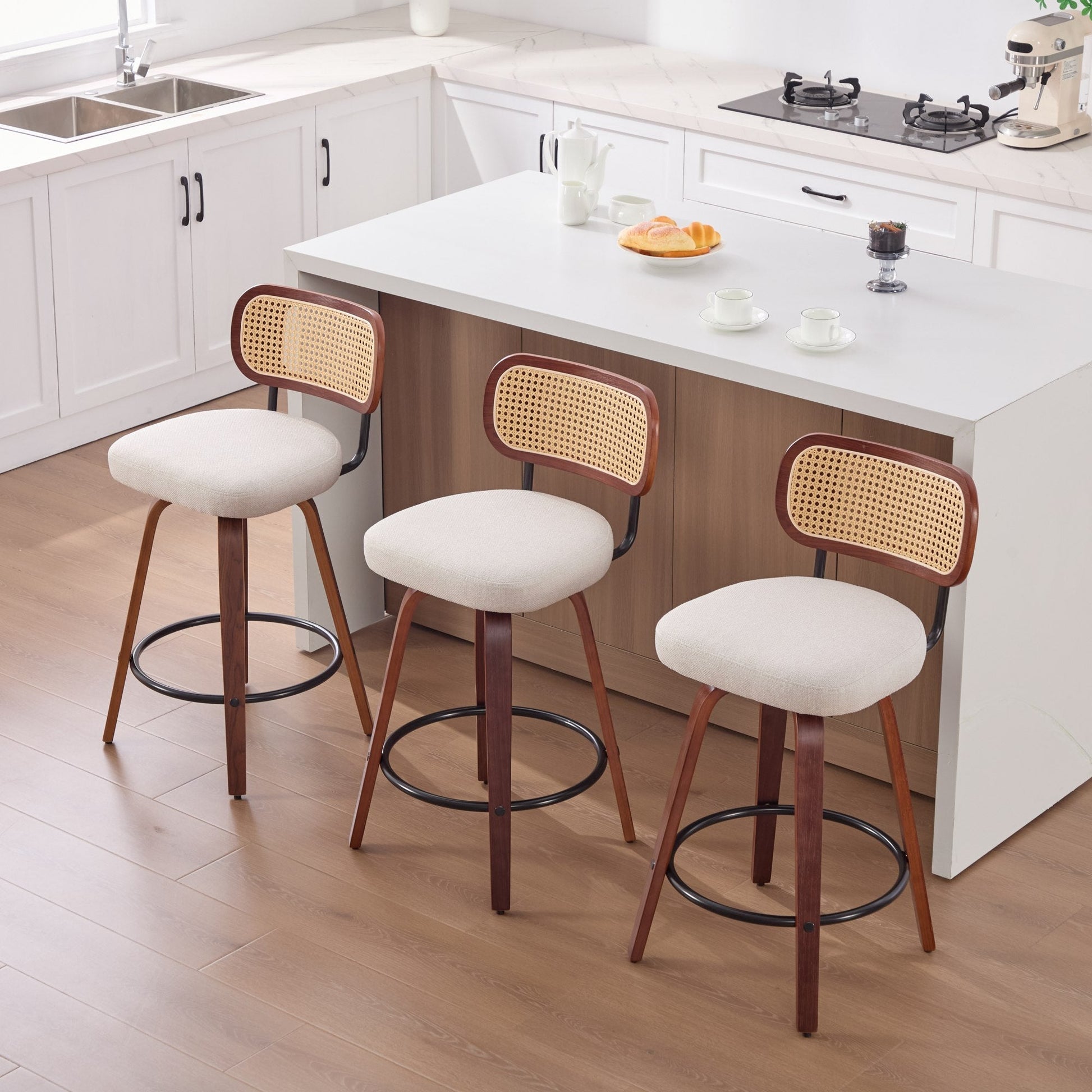 Set of 3, 26 - Inch Counter Height Bar Stools - Walnut Black, Cane Rattan Back, Beige Linen Upholstered Seat, Swivel Design for Kitchen Island/Bar/Counter,SW3766BG - 1st Choice Furniture Direct