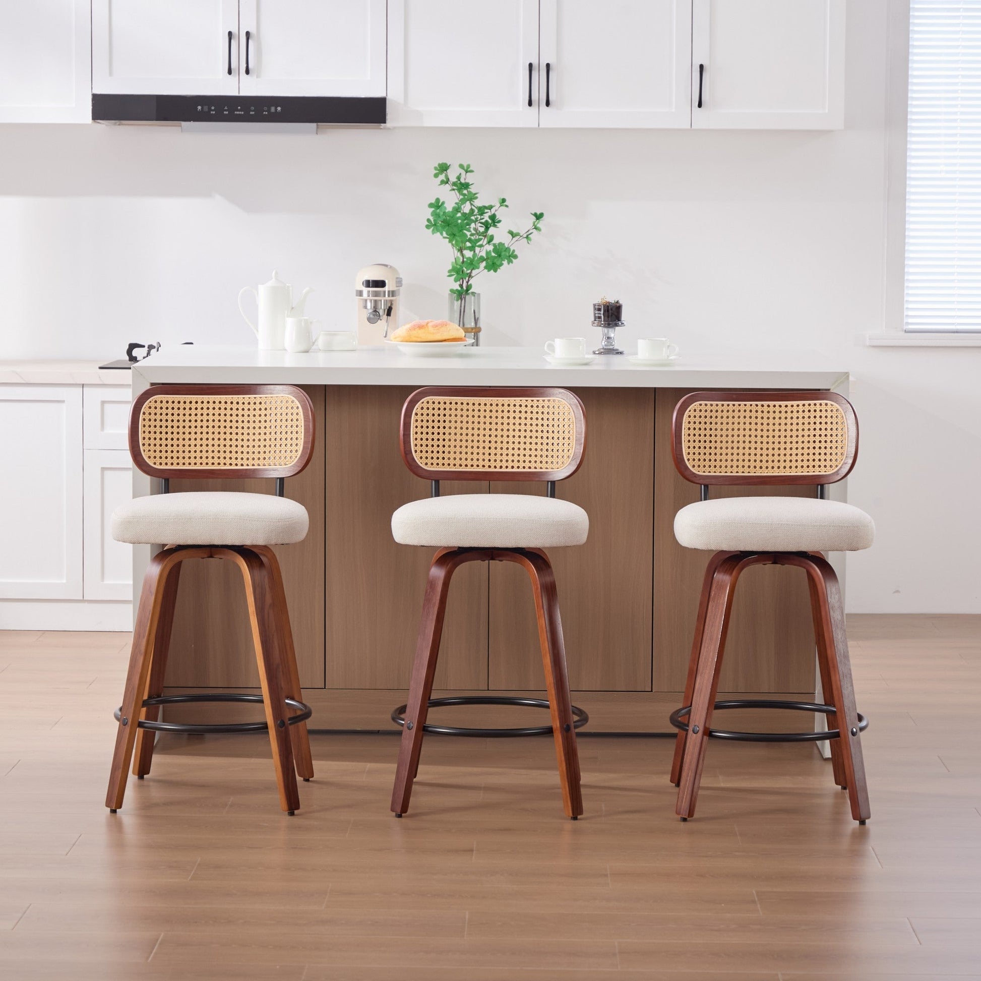 Set of 3, 26 - Inch Counter Height Bar Stools - Walnut Black, Cane Rattan Back, Beige Linen Upholstered Seat, Swivel Design for Kitchen Island/Bar/Counter,SW3766BG - 1st Choice Furniture Direct