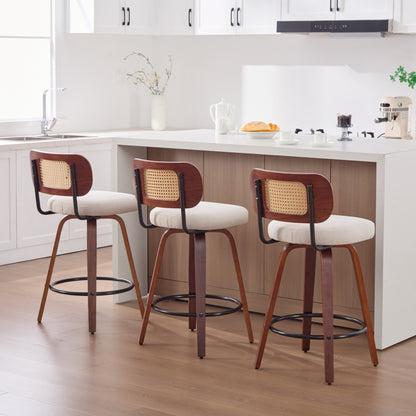 Set of 3, 26 - Inch Counter Height Bar Stools - Walnut Black, Cane Rattan Back, Beige Linen Upholstered Seat, Swivel Design for Kitchen Island/Bar/Counter,SW3766BG - 1st Choice Furniture Direct