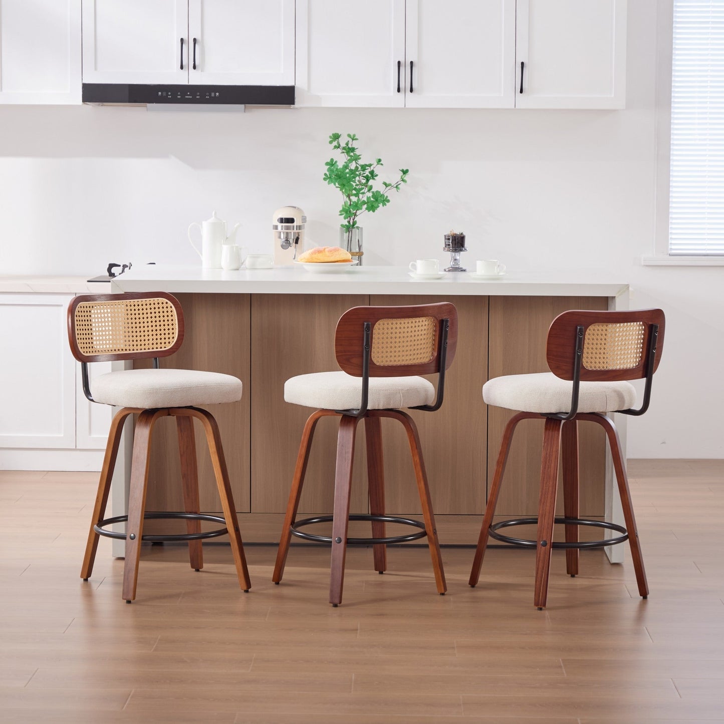 Set of 3, 26 - Inch Counter Height Bar Stools - Walnut Black, Cane Rattan Back, Beige Linen Upholstered Seat, Swivel Design for Kitchen Island/Bar/Counter,SW3766BG - 1st Choice Furniture Direct