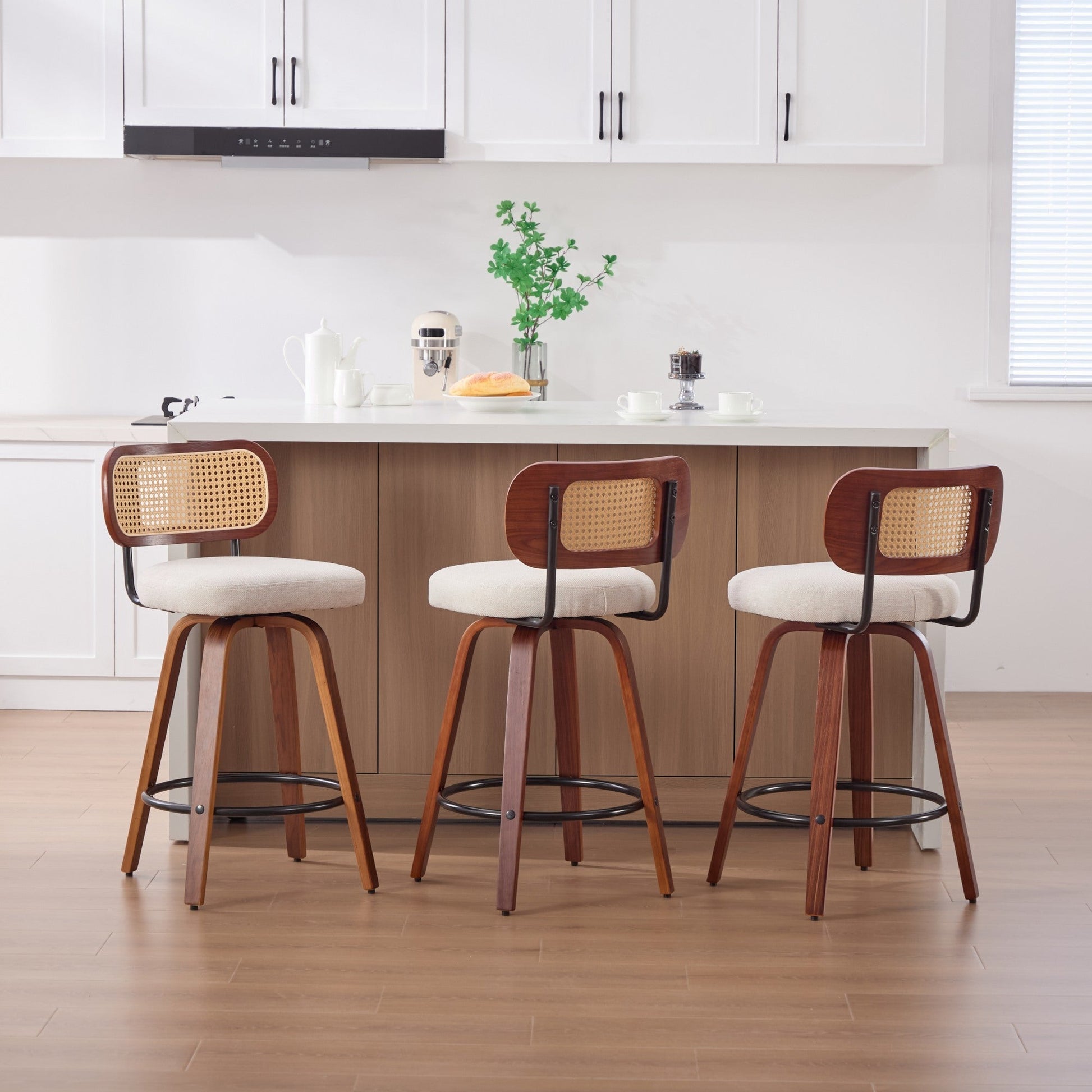 Set of 3, 26 - Inch Counter Height Bar Stools - Walnut Black, Cane Rattan Back, Beige Linen Upholstered Seat, Swivel Design for Kitchen Island/Bar/Counter,SW3766BG - 1st Choice Furniture Direct