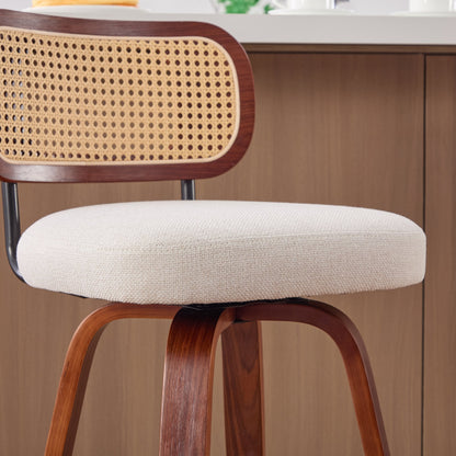 Set of 3, 26 - Inch Counter Height Bar Stools - Walnut Black, Cane Rattan Back, Beige Linen Upholstered Seat, Swivel Design for Kitchen Island/Bar/Counter,SW3766BG - 1st Choice Furniture Direct
