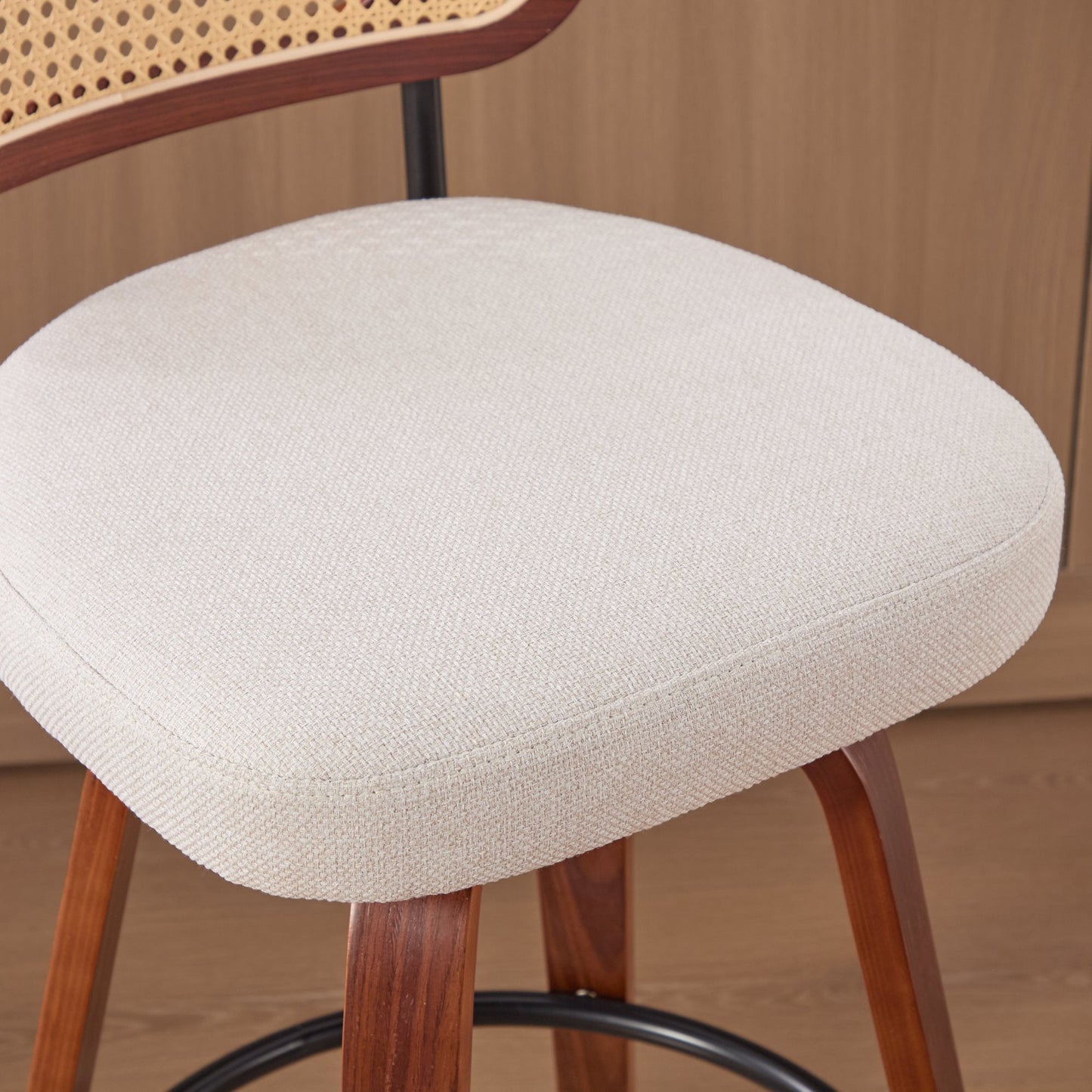 Set of 3, 26 - Inch Counter Height Bar Stools - Walnut Black, Cane Rattan Back, Beige Linen Upholstered Seat, Swivel Design for Kitchen Island/Bar/Counter,SW3766BG - 1st Choice Furniture Direct