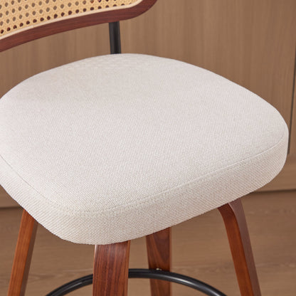 Set of 3, 26 - Inch Counter Height Bar Stools - Walnut Black, Cane Rattan Back, Beige Linen Upholstered Seat, Swivel Design for Kitchen Island/Bar/Counter,SW3766BG - 1st Choice Furniture Direct