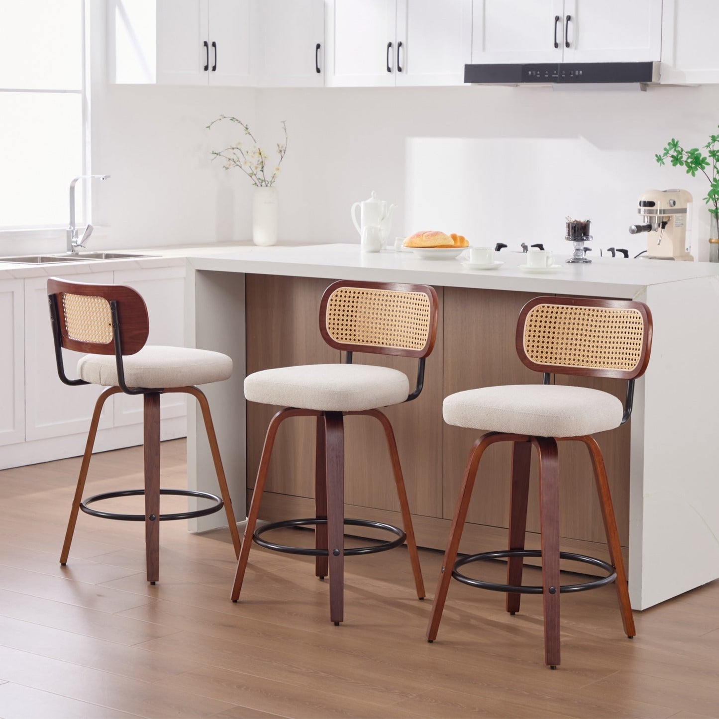 Set of 3, 26 - Inch Counter Height Bar Stools - Walnut Black, Cane Rattan Back, Beige Linen Upholstered Seat, Swivel Design for Kitchen Island/Bar/Counter,SW3766BG - 1st Choice Furniture Direct