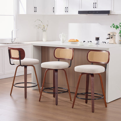 Set of 3, 26 - Inch Counter Height Bar Stools - Walnut Black, Cane Rattan Back, Beige Linen Upholstered Seat, Swivel Design for Kitchen Island/Bar/Counter,SW3766BG - 1st Choice Furniture Direct