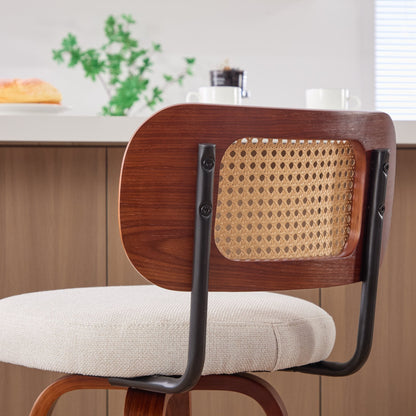 Set of 3, 26 - Inch Counter Height Bar Stools - Walnut Black, Cane Rattan Back, Beige Linen Upholstered Seat, Swivel Design for Kitchen Island/Bar/Counter,SW3766BG - 1st Choice Furniture Direct