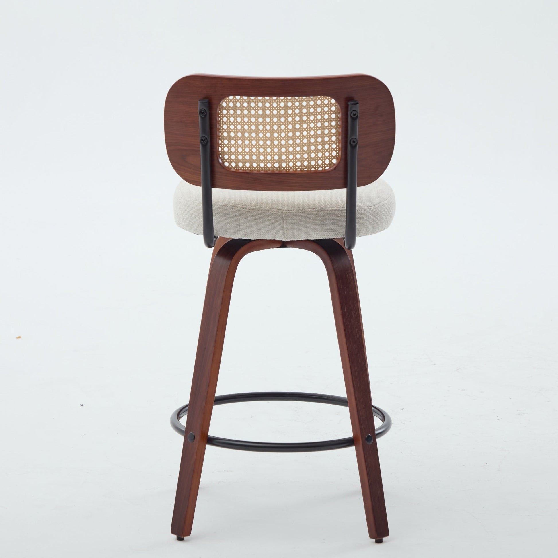 Set of 3, 26 - Inch Counter Height Bar Stools - Walnut Black, Cane Rattan Back, Beige Linen Upholstered Seat, Swivel Design for Kitchen Island/Bar/Counter,SW3766BG - 1st Choice Furniture Direct