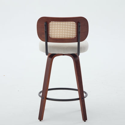 Set of 3, 26 - Inch Counter Height Bar Stools - Walnut Black, Cane Rattan Back, Beige Linen Upholstered Seat, Swivel Design for Kitchen Island/Bar/Counter,SW3766BG - 1st Choice Furniture Direct