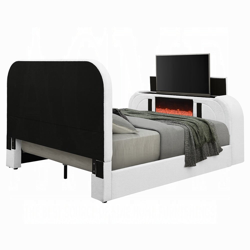 Shelyn White Teddy Sherpa & Chrome EK Bed w/LED, TV Cabinet, Fireplace & Bluetooth - 1st Choice Furniture Direct