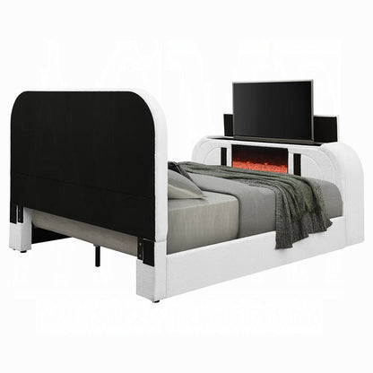Shelyn White Teddy Sherpa & Chrome EK Bed w/LED, TV Cabinet, Fireplace & Bluetooth - 1st Choice Furniture Direct