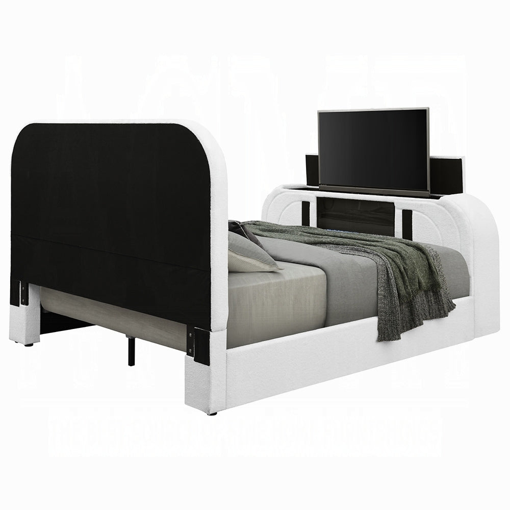 Shelyn White Teddy Sherpa & Chrome EK Bed w/LED, TV Cabinet, Fireplace & Bluetooth - 1st Choice Furniture Direct
