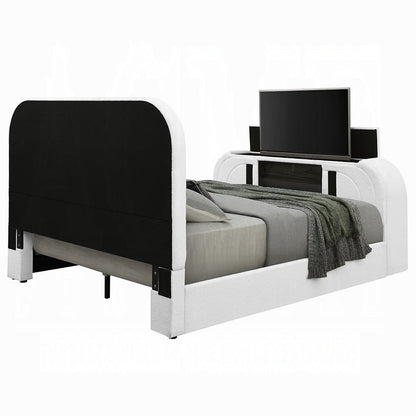 Shelyn White Teddy Sherpa & Chrome EK Bed w/LED, TV Cabinet, Fireplace & Bluetooth - 1st Choice Furniture Direct