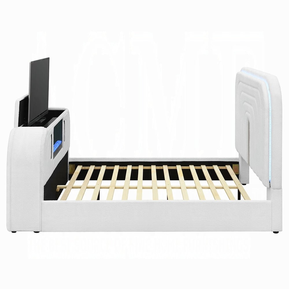 Shelyn White Teddy Sherpa & Chrome EK Bed w/LED, TV Cabinet, Fireplace & Bluetooth - 1st Choice Furniture Direct